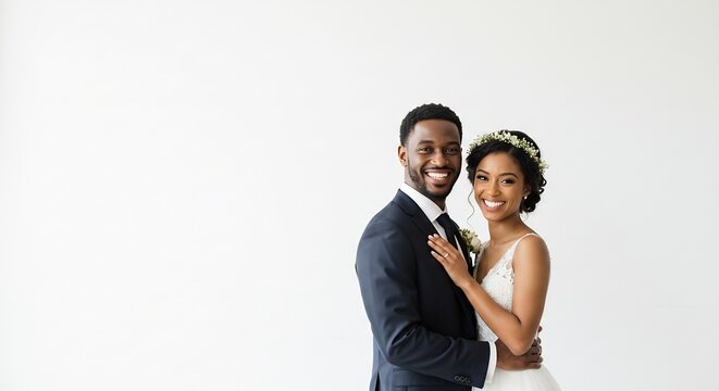 明るい白背景で幸せそうに微笑む新婚夫婦 柔らかな自然光が二人を包み込み左には広々としたコピースペース. AI Generated