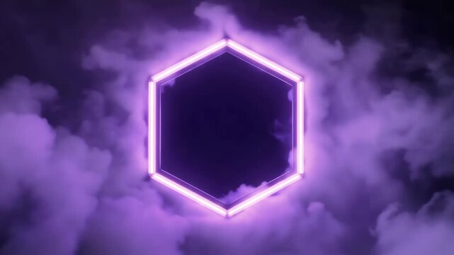 Glowing Neon Hexagon Frame Surrounded by Misty Clouds in Digital Lavender Hues