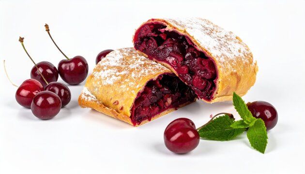 Cherry strudel with fresh berries on white background, homemade dessert, bakery food photography