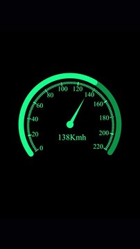 Digital speedometer animation displaying increasing vehicle velocity from zero to maximum capacity on black background featuring neon green glowing interface design for automotive dashboard.