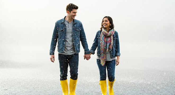 雨降る日に手を取り合い寄り添って歩む幸せな若いカップル 鮮やかな黄色の長靴が水しぶきを軽やかに上げ 明るく柔らかな光が彼らを包み込み 笑顔と共に希望に満ちた未来を紡ぎ出す美しい情景. AI Generated