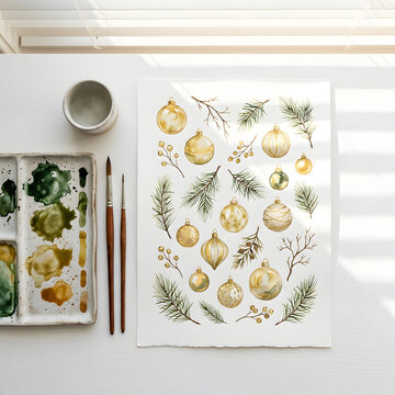 Minimalist luxury flat lay of watercolor festive elements sheet, showcasing individual illustrations of golden baubles, pine twigs, and winter berries on a clean white surface with elegant window blin