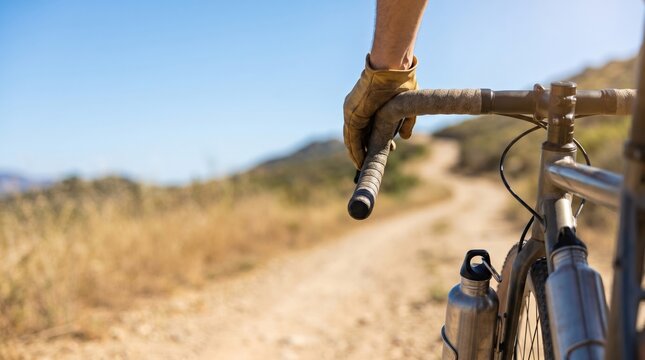POV shot of gravel cyclist riding on dirt road wearing leather gloves adventure cycling concept for outdoor fitness and endurance sports