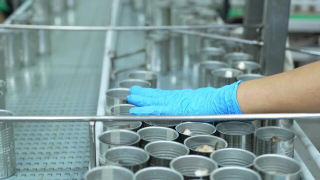 Factory worker wearing blue gloves inspecting metal can packaging on production assembly line, Aluminum cans moving through industrial processing for fast-moving consumer goods, Food canning factory