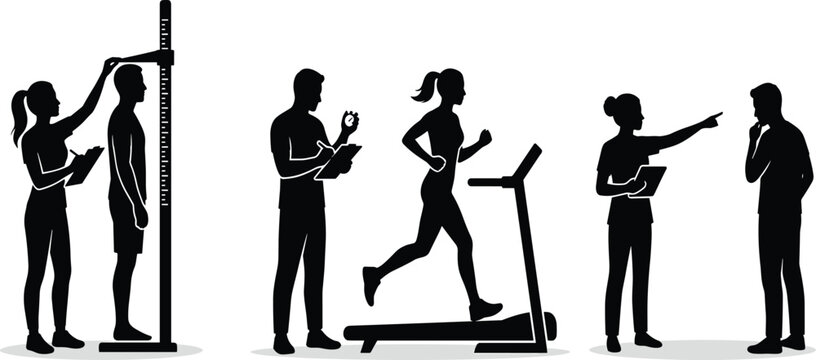 Fitness assessment and medical physical examination with trainers evaluating athletes vector silhouettes set