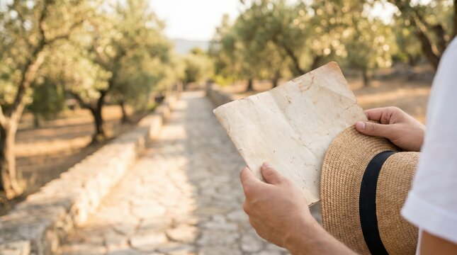 Young man holding blank vintage paper map in sunny olive grove, travel planning concept, adventure exploration and discovery theme