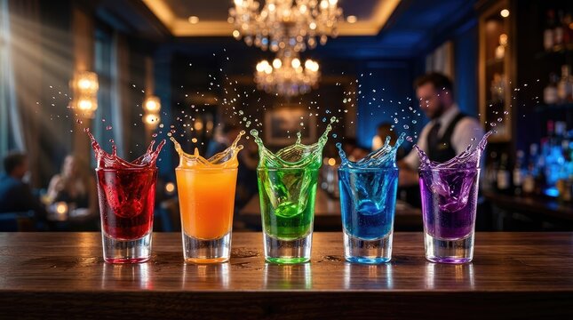 Five vibrant colorful cocktail shots splashing on a rustic wooden bar counter inside dark luxury lounge