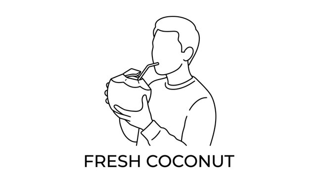 A line art illustration of a man drinking fresh coconut water.