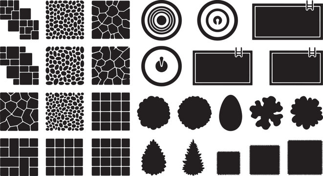 Landscape architecture design elements set featuring paving patterns swimming pools trees and garden textures in black silhouette