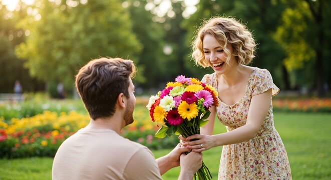 男性が女性にカラフルな花束を贈り満面の笑顔で受け取る瞬間 輝く夕日が幸福な二人を優しく包む. AI Generated