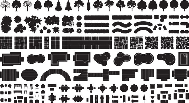 Landscape architecture top view elements set including trees bushes paving pools and outdoor furniture vector icons