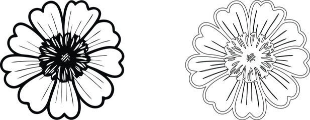 Obraz premium Hand drawn zinnia flower set, thick black ink outline and thin line version on a white background, for coloring