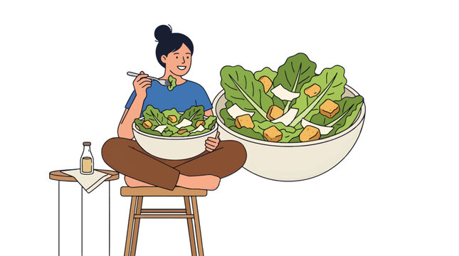 Young woman eating fresh caesar salad flat vector illustration