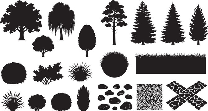 Set of black silhouettes featuring various trees shrubs bushes grass patches and stone textures for landscape design