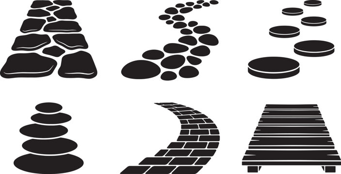 Set of garden path and walkway icons featuring stone pavers and wooden boardwalks in black silhouette style
