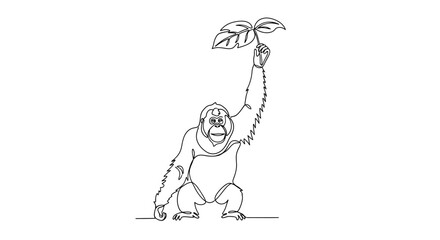 Fototapeta premium Minimalist Orangutan Holding Leaf, Single Line Art, Primate Wildlife Illustration