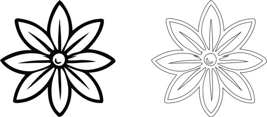 Obraz premium Star shaped flower set with pointed petals, thick bold black line and thin outline style, isolated on white background
