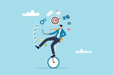 Businessman balancing on a clock unicycle while multitasking with laptop and work icons Vector, illustration © Design gallery
