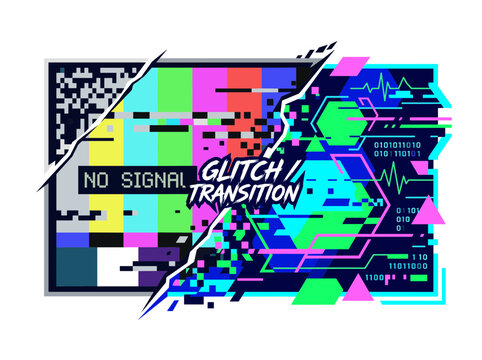 Glitch signal transition graphic featuring abstract digital art with vibrant colors and geometric shapes