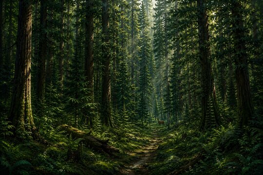 Forest in the morning forest trees tree green nature wood landscape pine woods sun road autumn moss path park.