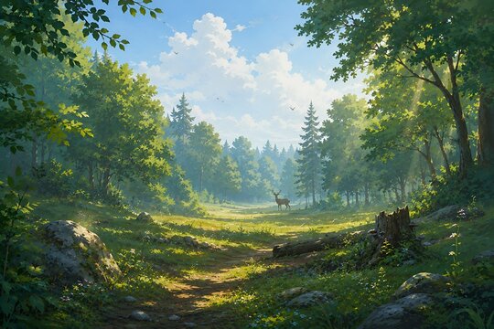 Morning in the woods forest sky summer landscape rural outdoors blue grass trees tree nature green pine woods day.