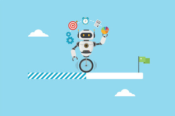 Cute robot balancing on a unicycle juggling business icons and loading progress bar Vector, illustration © Design gallery
