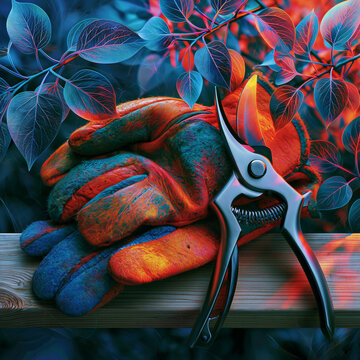Gardening Gloves and Pruning Shears on Wooden Bench