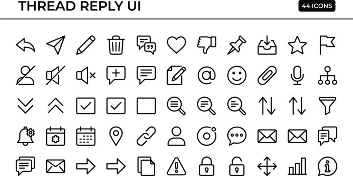 Thread Reply UI Icon Set With Messages Email Reactions Attachments Navigation Security And Communication Symbols Vector