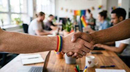 Fototapeta premium Diverse colleagues shaking hands in inclusive office environment with rainbow pride accessories representing workplace equality and unity
