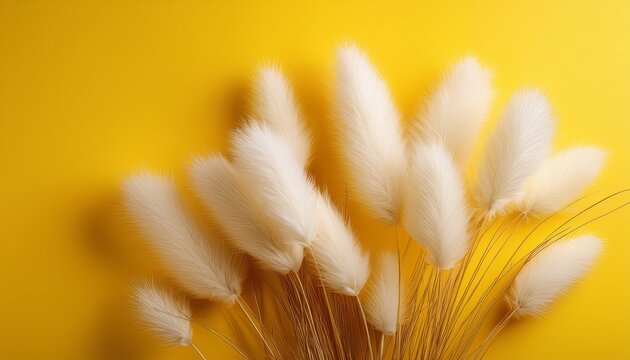 Soft White Fluffy Plants Extend Against A Solid Bright Yellow Backdrop Creating A Simple Eye Catching Composition