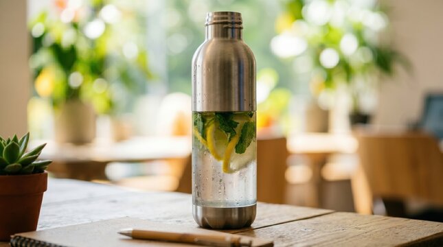 Stainless steel water bottle with lemon and mint infusion on a wooden office desk for healthy hydration and sustainable wellness at work