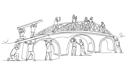 Obraz premium Teamwork building bridge, construction project, collaboration, engineering, infrastructure development