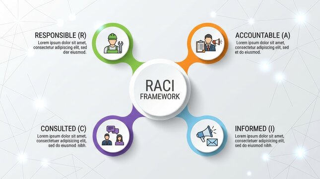 Professional raci framework diagram showing four distinct business roles with colorful circular icons and connecting lines