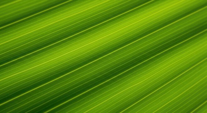 Macro closeup of a vibrant green palm leaf with detailed parallel veins and texture