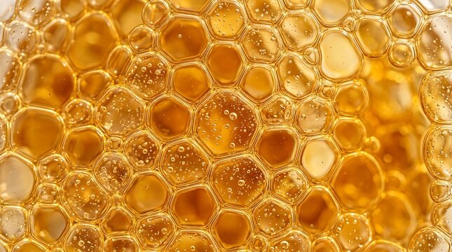Close up of golden honeycomb texture with hexagonal cells and natural wax pattern