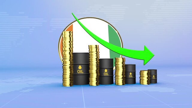 Ivory Coast Oil Prices Decline with Oil Barrels, Gold Coins and Downward Green Arrow, 3D Economic and Financial Market Concept