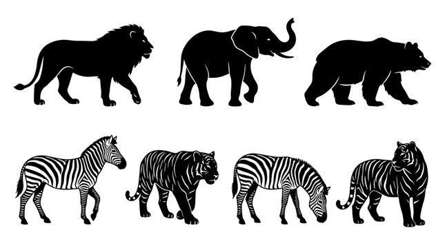 Collection of diverse wild animal silhouettes including lion elephant bear zebra and tiger walking on white background