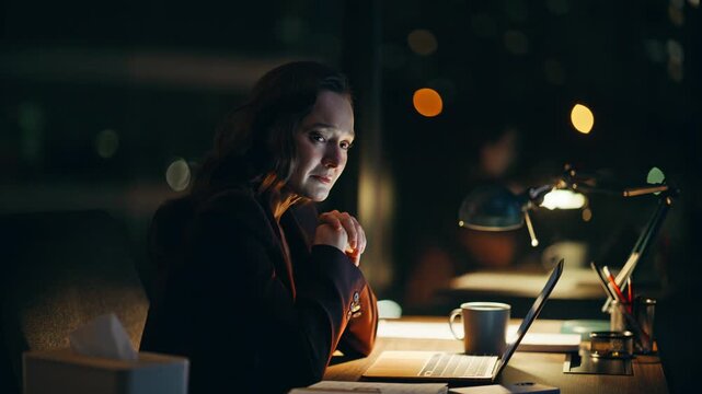 Night worker crying alone at cabinet closeup. Depressed businesswoman sobbing