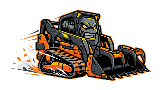 Aggressive skidsteer loader mascot in high speed motion