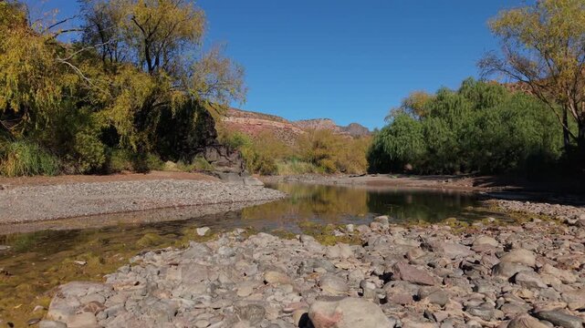 Puddled water over rocky river bed of Atuel river, surrounded by dense vegetation, trees, and rugged, arid terrain of San Rafael, Argentina. Forward, low angle aerial view.