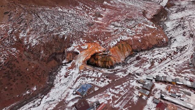 Puente del Inca reveals a natural travertine bridge, mineral rich geothermal deposits and the Las Cuevas River in Mendoza, Argentina, beside National Route 7 near the Andes border corridor drone orbit