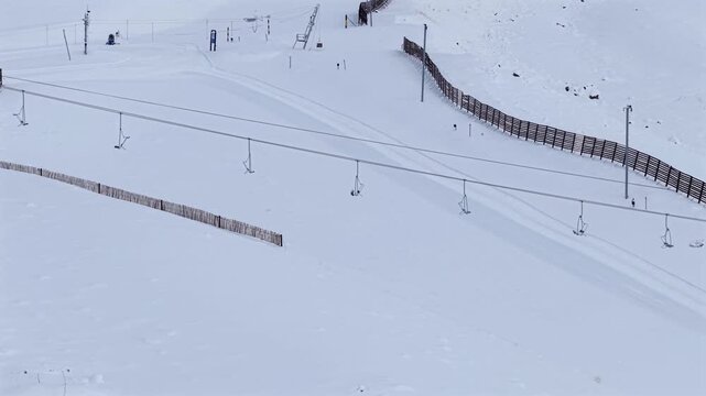 Aerial view of snow-covered ski slopes at Las Le&ntilde;as, Mendoza, showcasing ski lifts and winter terrain.