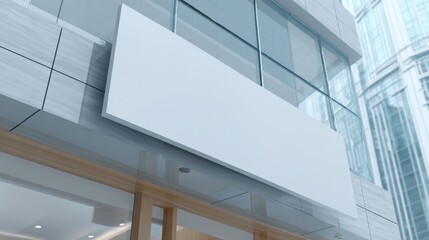 Fototapeta premium Blank White Signboard on Modern Glass Building Facade.