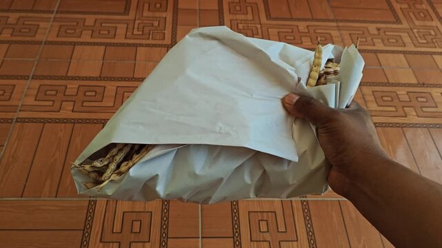 Hands unwrapping dry mesquite pods from a food grade paper wrap
