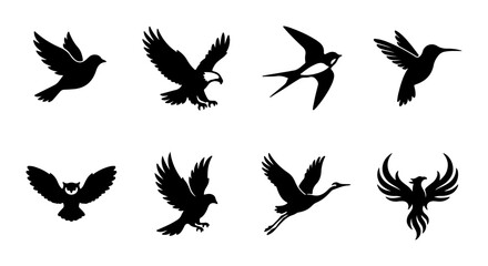 Fototapeta premium Diverse Bird Silhouettes Collection: Flying Eagle, Dove, Owl, Phoenix, Crane, Hummingbird, Swallow Icons