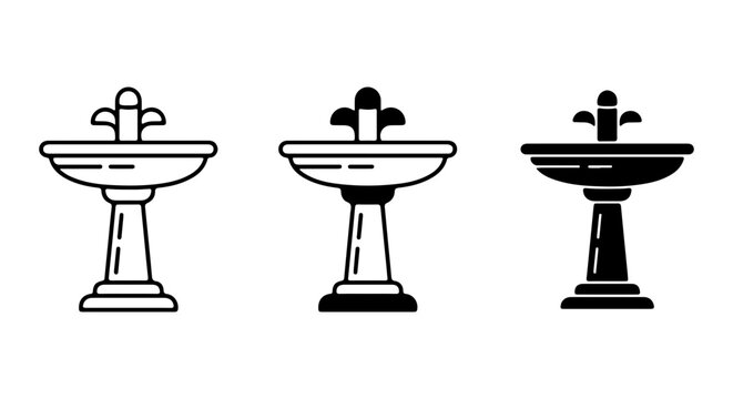 Garden Fountain Icons, Decorative Water Feature Vector Set, Classic Pedestal Fountain Illustrations