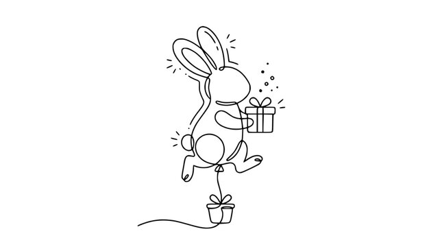 Minimalist single line drawing of a rabbit holding a gift box, jumping with joy