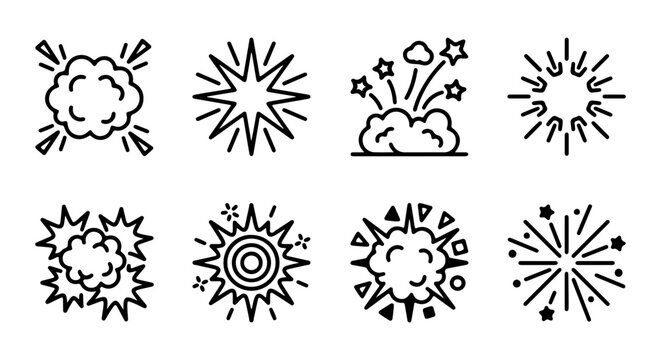Explosion Icons Set, Comic Burst Graphics, Action Impact Symbols, Vector Elements