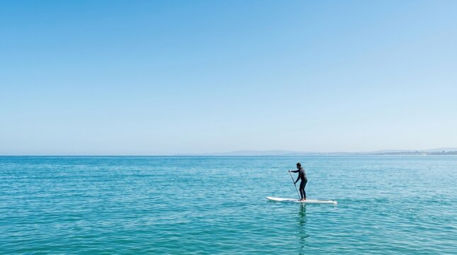 Adult man stand up paddleboarding on calm ocean water during sunny summer day, active lifestyle concept for travel and fitness