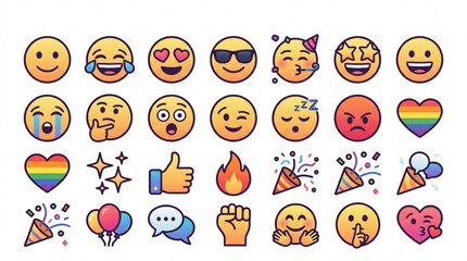 Naklejka premium Collection of colorful emoticon faces and symbols for digital communication